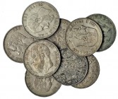 BÉLGICA. Lote de 9 monedas de 5 francos. 1867; 1868; 1869; 1870; 1871; 1873; 1874; 1875 y 1876. KM-24. MBC/MBC+.