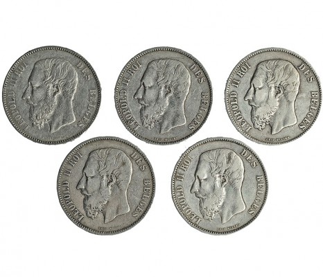BÉLGICA. Lote de 5 monedas de 5 francos. 1867; 1868; 1869; 1873; y 1875. KM-24. ...
