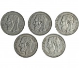 BÉLGICA. Lote de 5 monedas de 5 francos. 1867; 1868; 1869; 1873; y 1875. KM-24. MBC.