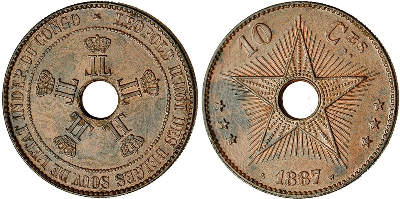 CONGO. 10 céntimos. 1887. KM-4. Pequeñas marcas de limpieza. EBC.