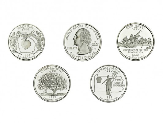 ESTADOS UNIDOS. Serie de 5 monedas en plata. 1/4 de dólar, 1999-S; Delaware, Pen...