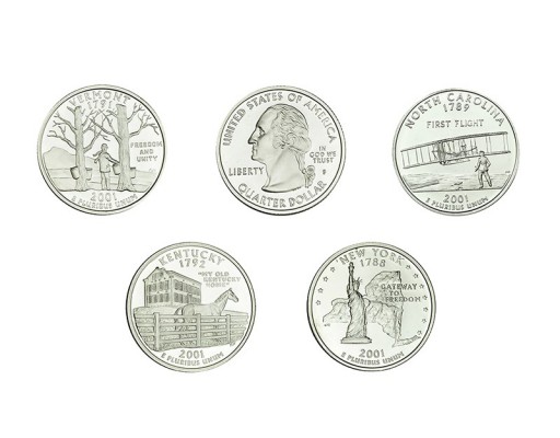 ESTADOS UNIDOS. Serie de 5 monedas en plata. 1/4 de dólar, 2001-S; New York, Nor...