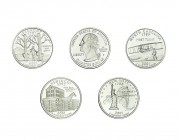 ESTADOS UNIDOS. Serie de 5 monedas en plata. 1/4 de dólar, 2001-S; New York, North Carolina, Rhode Island, Vermont y Kentucky. KM-319a-323a. FDC.