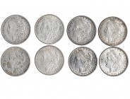 ESTADOS UNIDOS. Lote de 8 monedas. 1 dólar 1878, 1878-S, 1880-S, 1881-S, 1885, 1889, 1890 y 1890-S. De EBC- a SC.