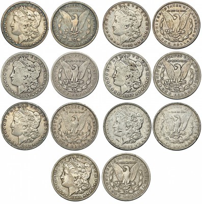 ESTADOS UNIDOS. Lote de 7 piezas de dólar: 1879-O, 1892, 1897-S, 1898-S, 1902-O,...