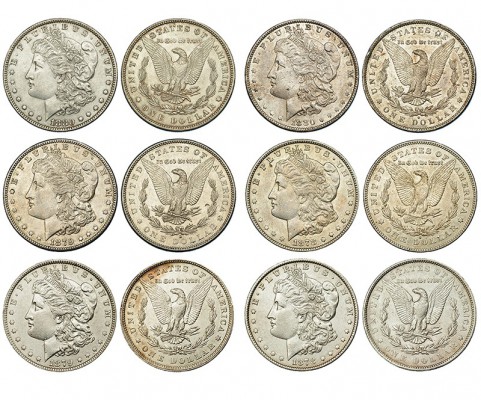 ESTADOS UNIDOS. Lote de 6 monedas de 1 dólar. 1878; 1878-S; 1879; 1879-S; 1880; ...