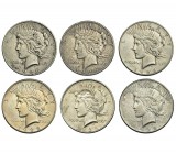 ESTADOS UNIDOS. Lote de 6 piezas de 1 dólar. 1924, 1925 (2), 1926, 1926-D, 1926-.S. KM-150. De MBC- a EBC.