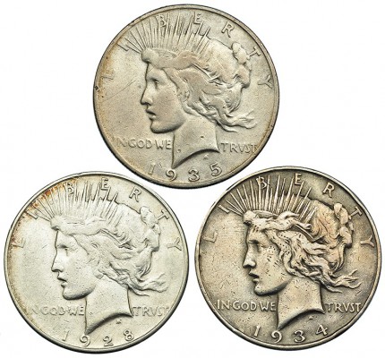 ESTADOS UNIDOS. Lote de 3 monedas de 1 dólar. 1928-S; 1934-D; 1935-S. KM-150. BC...