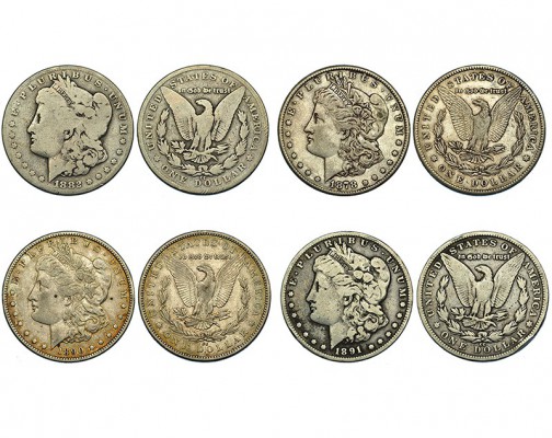 ESTADOS UNIDOS. Lote de 4 monedas de 1 dólar. 1878-CC; 1882-CC; 1890-CC; 1891-CC...