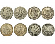 ESTADOS UNIDOS. Lote de 4 monedas de 1 dólar. 1878-CC; 1882-CC; 1890-CC; 1891-CC. KM-110. De BC a MBC.
