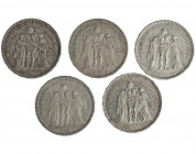 FRANCIA. Lote de 5 monedas de 5 francos. 1873 (2); 1876 (2) y 1877. KM-820. MBC/MBC+.
