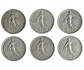 FRANCIA. Lote de 6 monedas de 5 francos. Todas fechas distintas de 1960 a 1965. KM-926. Conservación media MBC+.