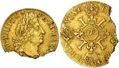 FRANCIA. Luis XIV. Luis de oro a las cuatro L AIX. Fecha no visible por rotura. AU 5,97 g. Falta fragmento del 30%. MBC. Escasa.