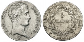 FRANCIA. 5 francos. 1806-L. KM-673.8. Oxidaciones limpiadas. Abrillantada. MBC.