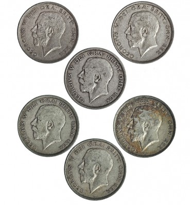 GRAN BRETAÑA. Jorge V. Lote de 6 monedas de 1/2 corona; 1914, 1915, 1916, 1917, ...