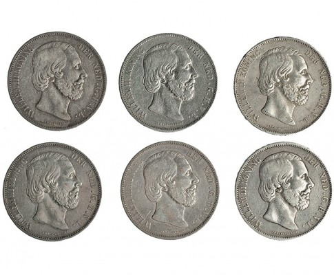 HOLANDA. Lote de 6 monedas de 2 1/2 gulden. 1868; 1870; 1871; 1872; 1873; 1874. ...