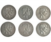 HOLANDA. Lote de 6 monedas de 2 1/2 gulden. 1868; 1870; 1871; 1872; 1873; 1874. KM-82. Conservación media MBC.