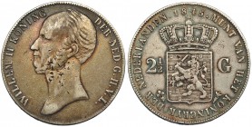 HOLANDA. 2 1/2 gulden. 1845. KM-69. Contramarcas en anv. y rev. MBC-.