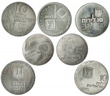 ISRAEL. Lote de 7 piezas. 5 lirot (2): 1958, KM-21 y 1967, KM-48. 10 lirot (5): 1971, KM-59.1; 1974 (2), KM-76.1 y KM-77; 1970, KM-55 y 1973, KM-71. A...