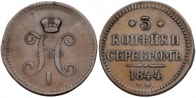 RUSIA. Nicolás I. 3 Kopeks. 1844. EM. KM-146.1. MBC.