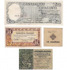 Lote de 4 billetes locales. 2,5 pesetas Generalitat de Cataluña, 1936; 50 céntimos Barcelona 1937; 50 céntimos Lleida 1937; 10 céntimos Villafranca de...