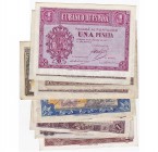 Lote de 10 billetes de 1 peseta. 1937; febrero 1938 (2); abril 1938; junio 1940; septiembre 1940, 1945, 1948, 1951 y 1953. De BC a EBC+.