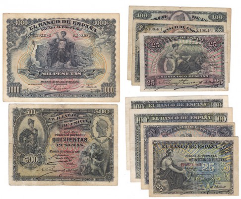 Lote de 9 billetes. 1906 (4): 25, 50 y 100 pesetas (2); 1907 (5): 25, 50; 100; 5...