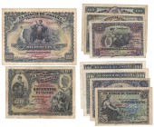 Lote de 9 billetes. 1906 (4): 25, 50 y 100 pesetas (2); 1907 (5): 25, 50; 100; 500 y 1000 pesetas. Muy interesante. De BC- a MBC-.