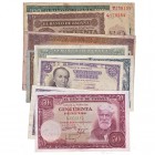 Lote de 13 billetes. 1936: 25 (2), 50 y 100 pesetas; 1938: 25 (2), 50 y 100 pesetas; 1940: 25 y 50 pesetas; 1946: 25 pesetas; 1951: 50 pesetas; 1954: ...
