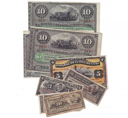 Banco Español de la Isla de Cuba. Lote de 10 billetes diferentes. 10 pesos 1896 ...