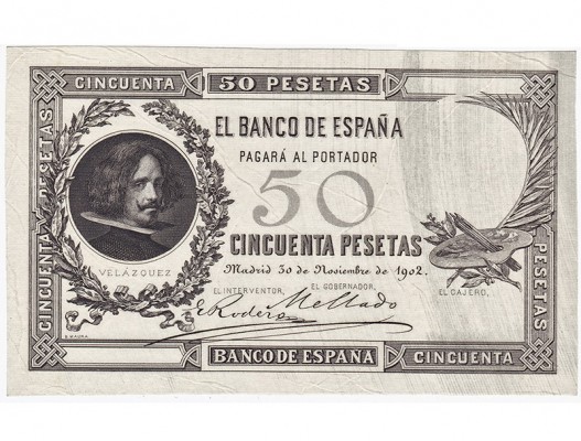 50 pesetas 11-1902. Prueba de anv. en negro. ED-B93 P. Arrugas en el papel. SC.
