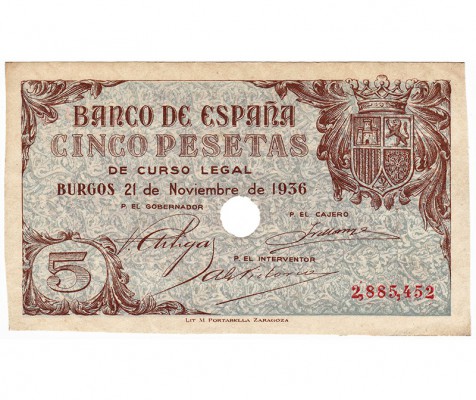 5 pesetas 11-1936. Sin serie. ED-D18. Con taladro central. EBC+. Escaso.