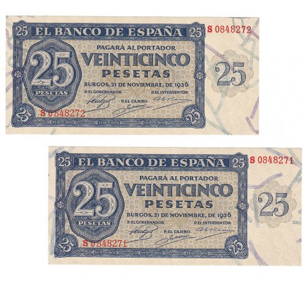 25 pesetas. 11-1936. Pareja correlativa. Serie S. ED-D 20 a. EBC+.