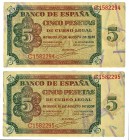 Lote de 2 billetes de 5 pesetas. 8-1938. Pareja correlativa. Serie C. ED-D36a. EBC-.