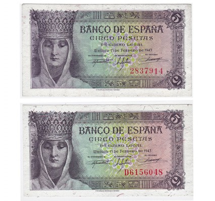 Lote de 2 billetes. 5 pesetas. 2-1943. Sin serie y serie D. ED-D 47 y 47a. SC.