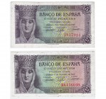 Lote de 2 billetes. 5 pesetas. 2-1943. Sin serie y serie D. ED-D 47 y 47a. SC.