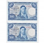 500 pesetas. 7-1954. Pareja correlativa. Serie G. ED-D 69 b. EBC+.