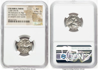 CALABRIA. Tarentum. Ca. 281-240 BC. AR stater or didrachm (20mm, 6.19 gm, 6h). NGC AU 4/5 - 2/5. Ca. 280-272 BC, Sedamos, Fy- and Gy, magistrates. The...