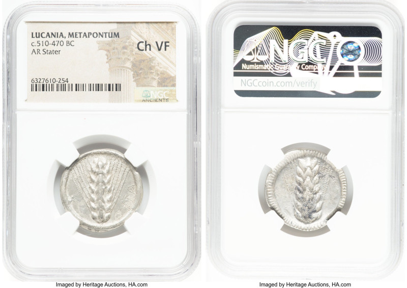 LUCANIA. Metapontum. Ca. 510-470 BC. AR stater (26mm, 12h). NGC Choice VF. META,...