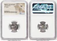 THRACE. Byzantium. Ca. 350-300 BC. AR siglos (17mm). NGC VF. Bull standing left on dolphin left; ΠY above / Quadripartite incuse square of mill sail p...