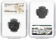 CIMMERIAN BOSPORUS. Panticapaeum. Ca. 4th century BC. AE denomination A (25mm, 8h). NGC Choice XF. Ca. 340-325 BC. Head of young Pan left, crowned wit...