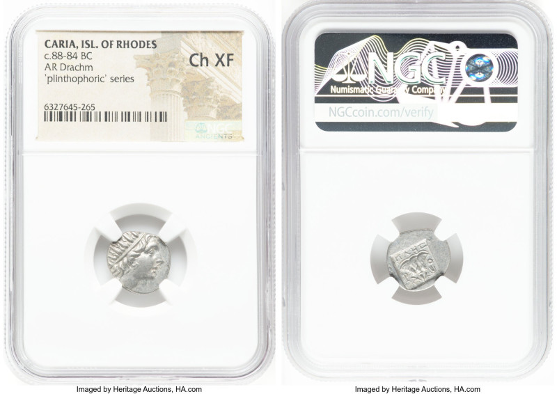 CARIAN ISLANDS. Rhodes. Ca. 88-84 BC. AR drachm (14mm, 11h). NGC Choice XF. Plin...