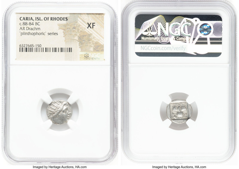 CARIAN ISLANDS. Rhodes. Ca. 88-84 BC. AR drachm (14mm, 12h). NGC XF. Plinthophor...