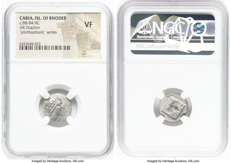 CARIAN ISLANDS. Rhodes. Ca. 88-84 BC. AR drachm (16mm, 10h). NGC VF. Plinthophor...