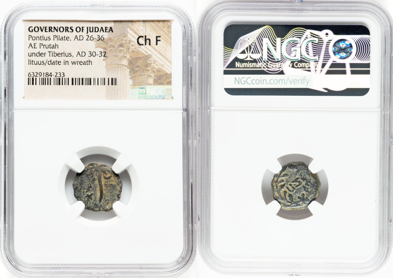 JUDAEA. Roman Procurators. Pontius Pilate (AD 26-36). AE prutah (16mm, 11h). NGC...