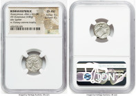 Anonymous. Ca. 211-208 BC. AR victoriatus (16mm, 3.80 gm, 7h). NGC Choice AU 5/5 - 4/5. Rome. Laureate head of Jupiter right, dotted border / ROMA, Vi...
