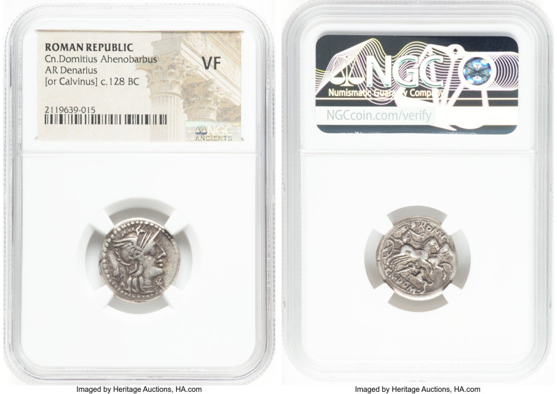 Cn. Domitius Ahenobarbus (ca. 128 BC). AR denarius (19mm, 1h). NGC VF. Rome. Hea...