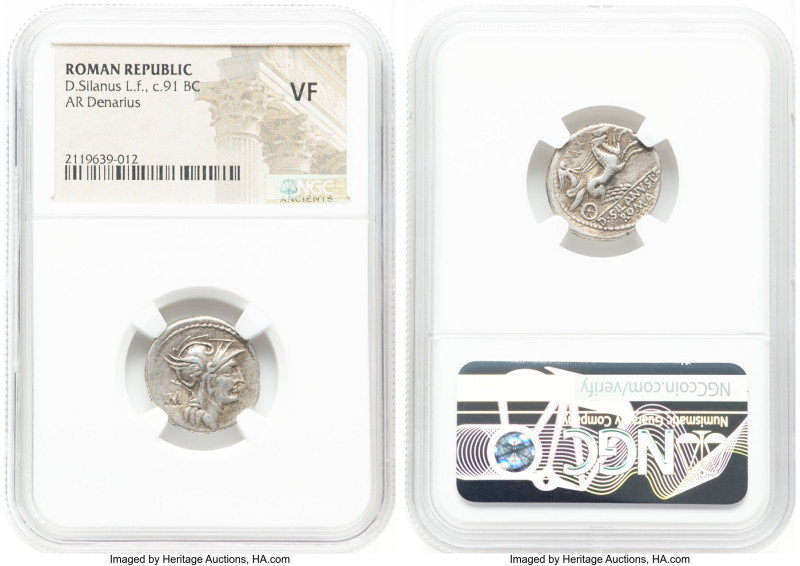 D. Silanus L.f. (ca. 91 BC). AR denarius (19mm, 5h). NGC VF. Head of Roma right,...