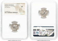 D. Silanus L.f. (ca. 91 BC). AR denarius (19mm, 5h). NGC VF. Head of Roma right, wearing winged helmet decorated with griffin crest; M behind / Victor...