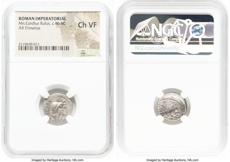 Mn. Cordius Rufus (ca. 46 BC). AR denarius (16mm, 2h). NGC Choice VF. Rome. RVFV...